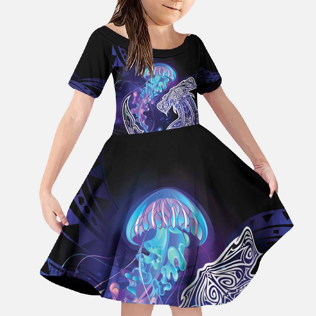 Polynesian Aumakua Family Matching Mermaid Dress and Hawaiian Shirt Jellyfish with Shark LT7 Daughter's Dress Teal Purple - Polynesian Pride