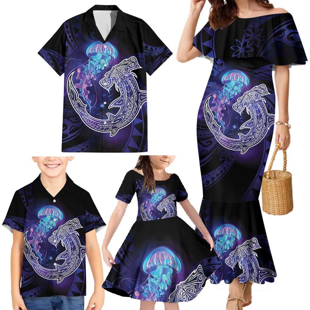 Polynesian Aumakua Family Matching Mermaid Dress and Hawaiian Shirt Jellyfish with Shark LT7 - Polynesian Pride