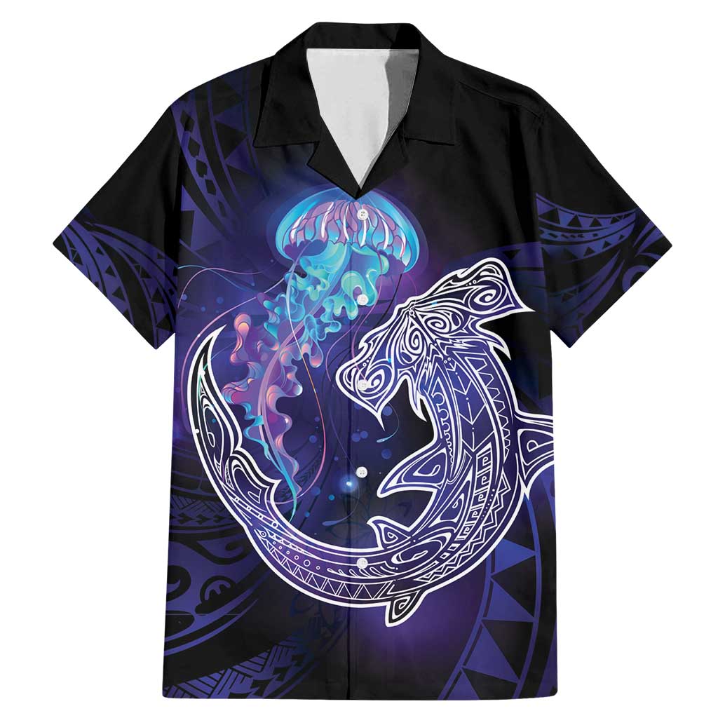 Polynesian Aumakua Family Matching Mermaid Dress and Hawaiian Shirt Jellyfish with Shark LT7 Dad's Shirt - Short Sleeve Teal Purple - Polynesian Pride