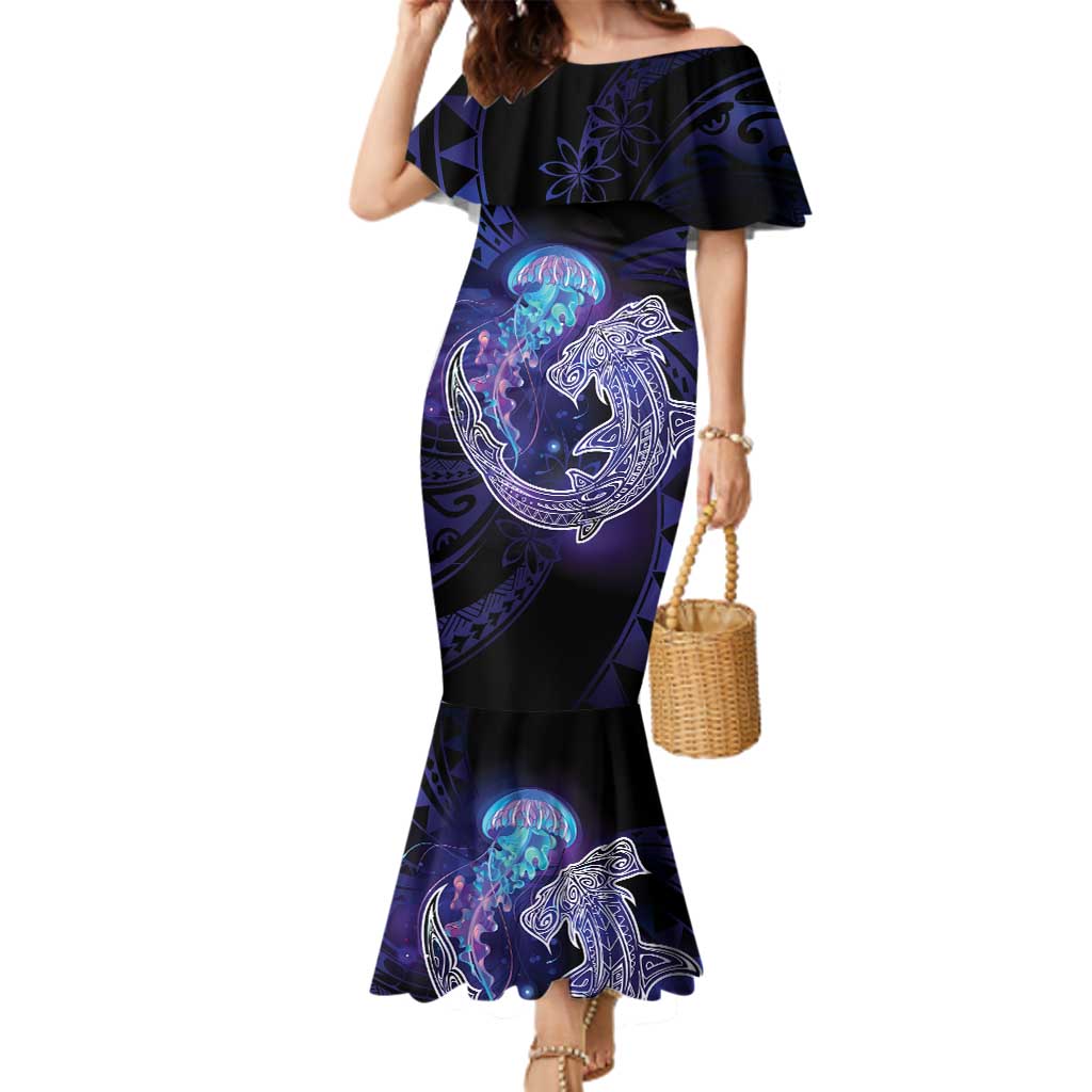 Polynesian Aumakua Family Matching Mermaid Dress and Hawaiian Shirt Jellyfish with Shark LT7 Mom's Dress Teal Purple - Polynesian Pride