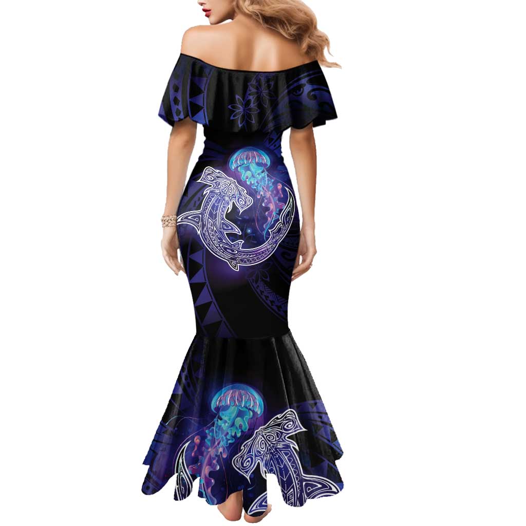 Polynesian Aumakua Family Matching Mermaid Dress and Hawaiian Shirt Jellyfish with Shark LT7 - Polynesian Pride