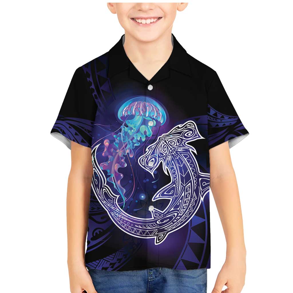 Polynesian Aumakua Family Matching Mermaid Dress and Hawaiian Shirt Jellyfish with Shark LT7 Son's Shirt Teal Purple - Polynesian Pride