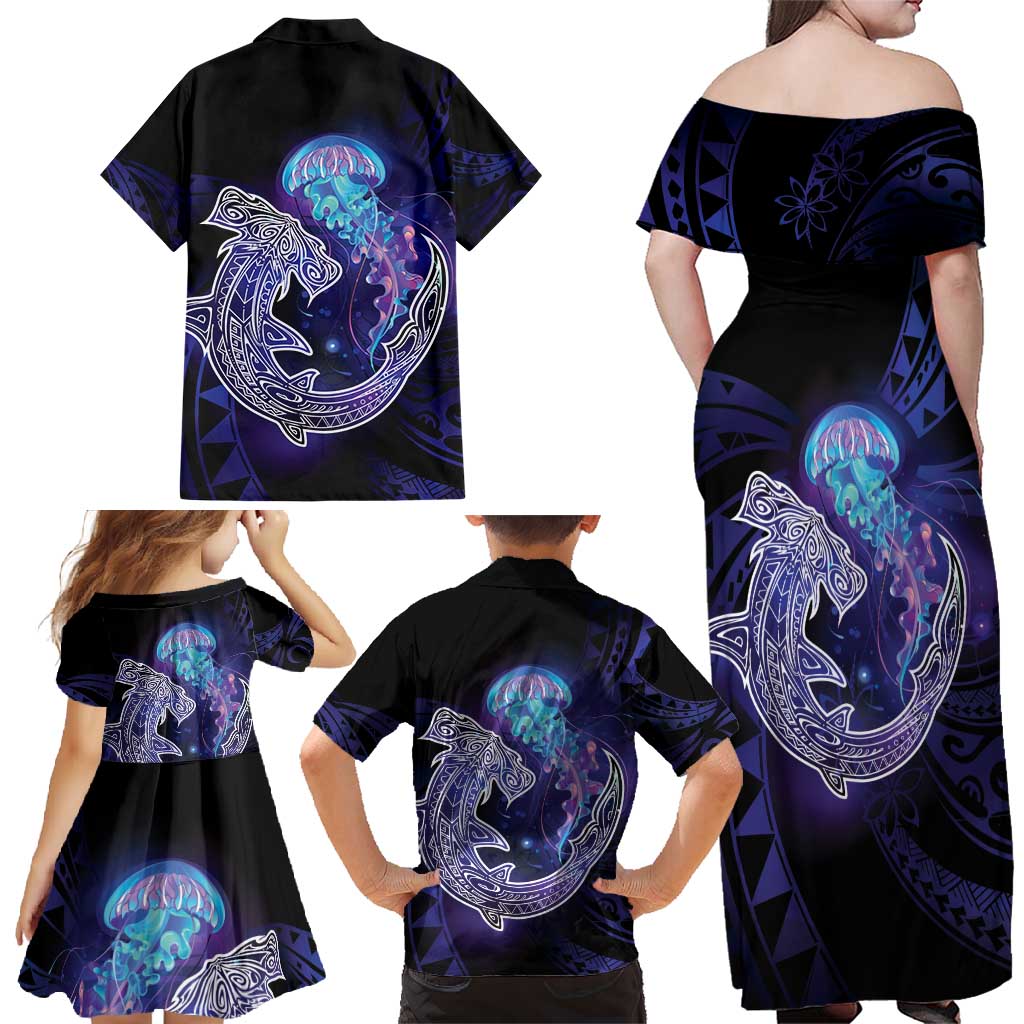 Polynesian Aumakua Family Matching Off Shoulder Maxi Dress and Hawaiian Shirt Jellyfish with Shark LT7 - Polynesian Pride