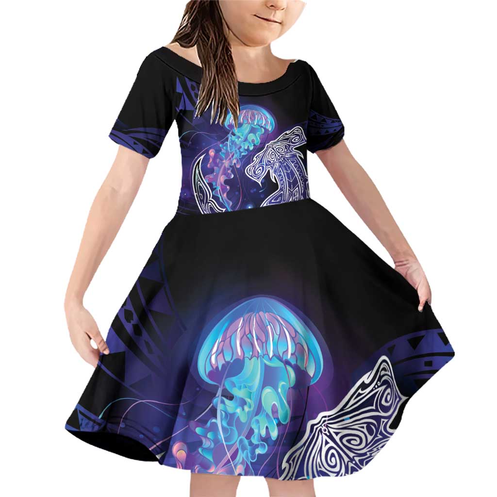 Polynesian Aumakua Family Matching Off Shoulder Short Dress and Hawaiian Shirt Jellyfish with Shark LT7 Daughter's Dress Teal Purple - Polynesian Pride
