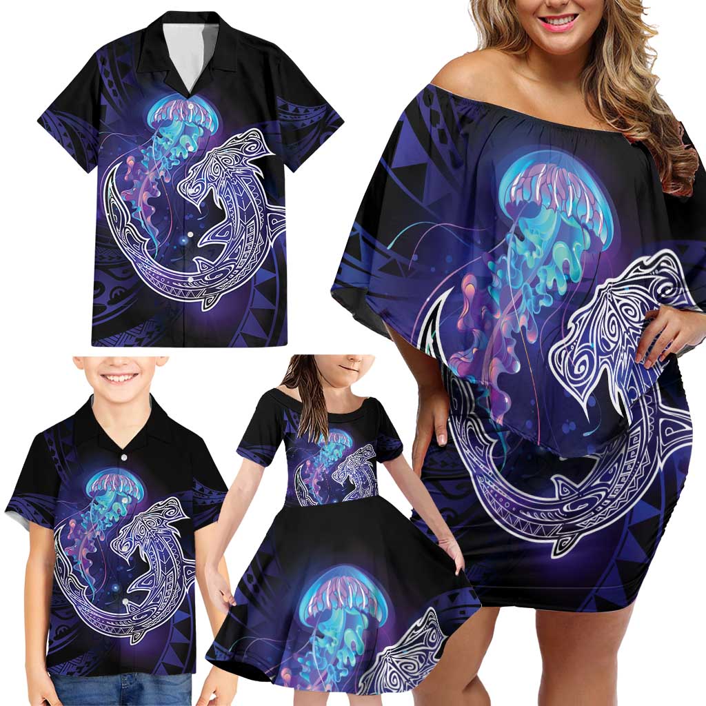 Polynesian Aumakua Family Matching Off Shoulder Short Dress and Hawaiian Shirt Jellyfish with Shark LT7 - Polynesian Pride