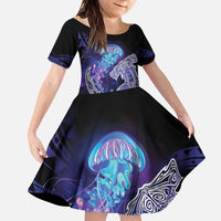 Polynesian Aumakua Family Matching Puletasi and Hawaiian Shirt Jellyfish with Shark LT7 Daughter's Dress Teal Purple - Polynesian Pride