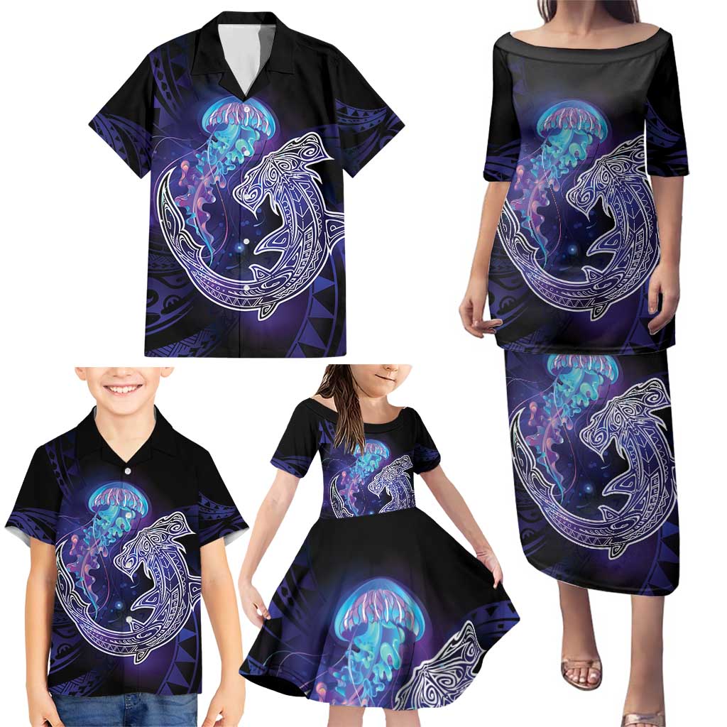 Polynesian Aumakua Family Matching Puletasi and Hawaiian Shirt Jellyfish with Shark LT7 - Polynesian Pride