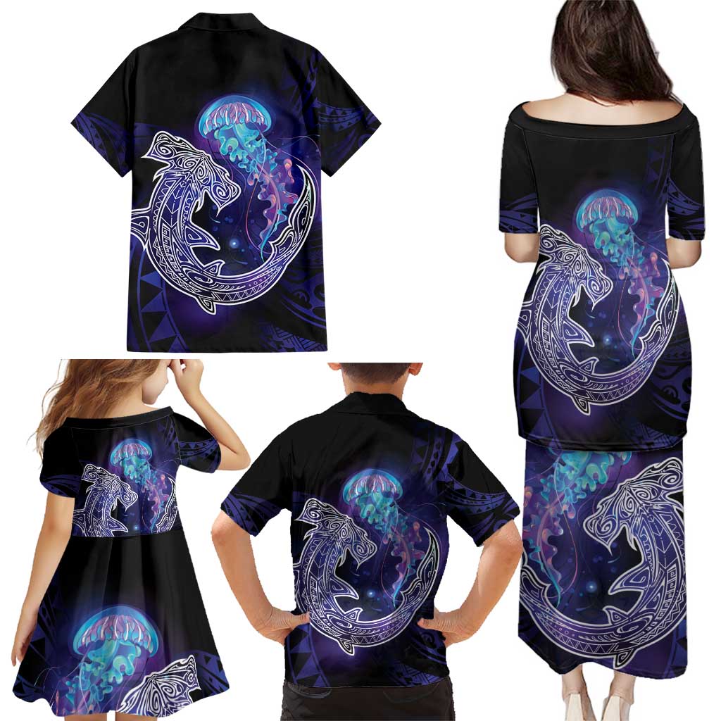 Polynesian Aumakua Family Matching Puletasi and Hawaiian Shirt Jellyfish with Shark LT7 - Polynesian Pride