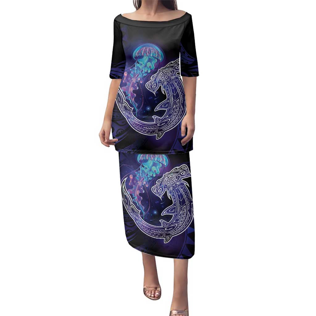 Polynesian Aumakua Family Matching Puletasi and Hawaiian Shirt Jellyfish with Shark LT7 Mom's Dress Teal Purple - Polynesian Pride