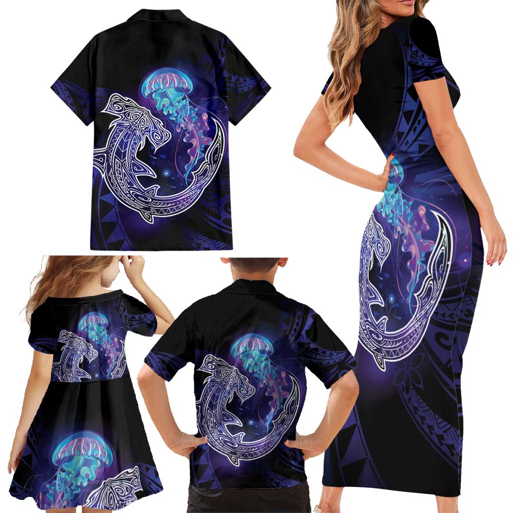 Polynesian Aumakua Family Matching Short Sleeve Bodycon Dress and Hawaiian Shirt Jellyfish with Shark LT7 - Polynesian Pride