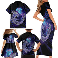 Polynesian Aumakua Family Matching Short Sleeve Bodycon Dress and Hawaiian Shirt Jellyfish with Shark LT7 - Polynesian Pride