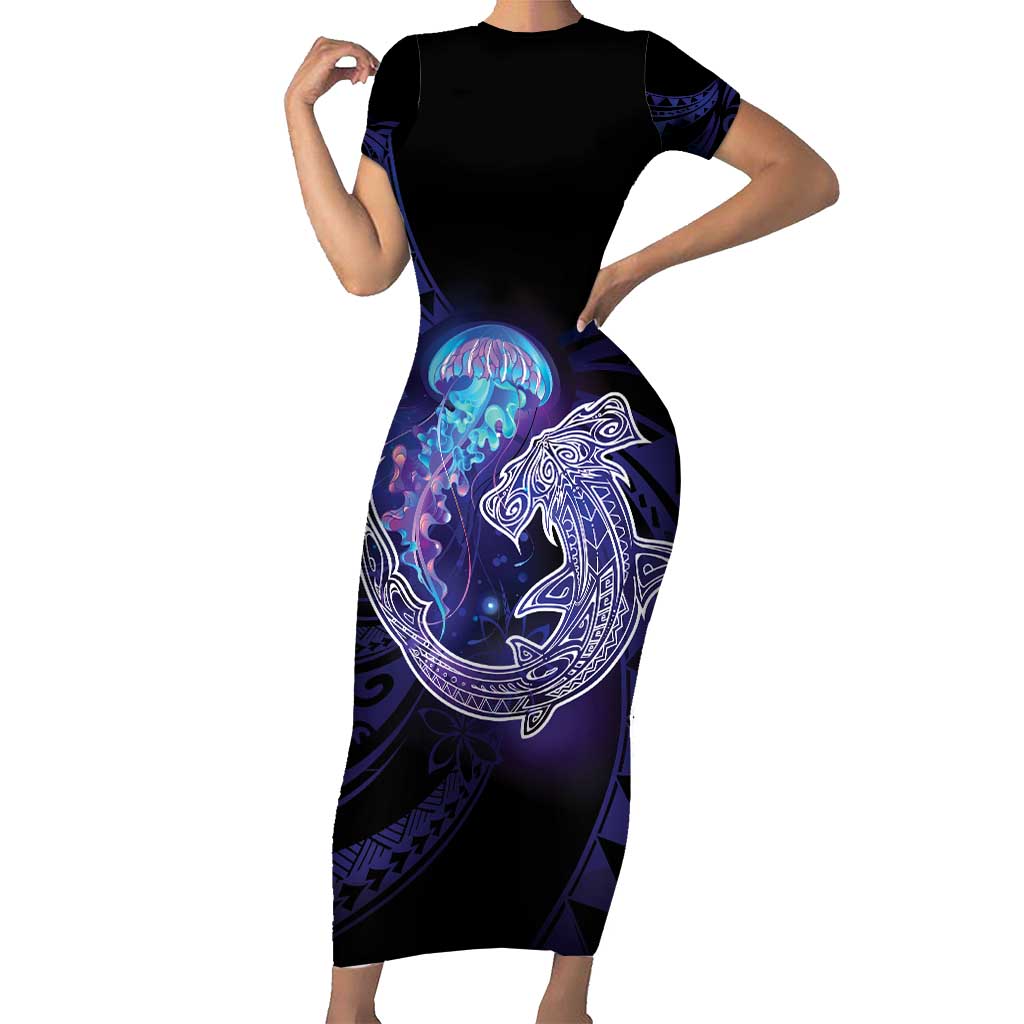 Polynesian Aumakua Family Matching Short Sleeve Bodycon Dress and Hawaiian Shirt Jellyfish with Shark LT7 Mom's Dress Teal Purple - Polynesian Pride