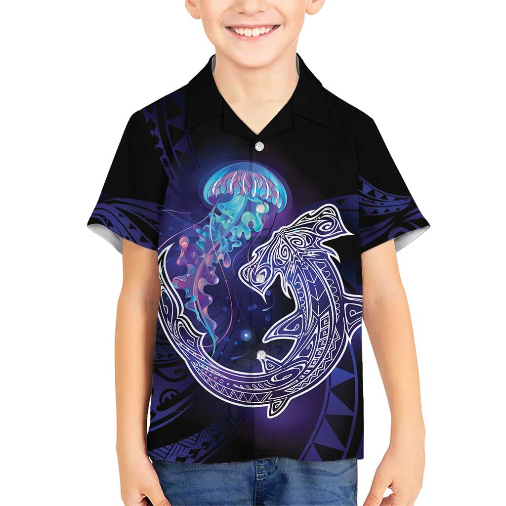 Polynesian Aumakua Family Matching Short Sleeve Bodycon Dress and Hawaiian Shirt Jellyfish with Shark LT7 Son's Shirt Teal Purple - Polynesian Pride