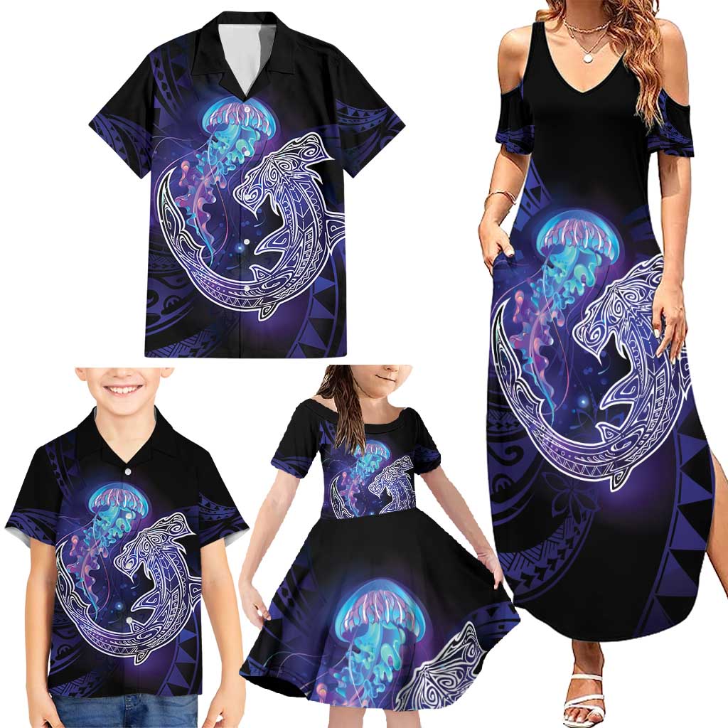 Polynesian Aumakua Family Matching Summer Maxi Dress and Hawaiian Shirt Jellyfish with Shark LT7 - Polynesian Pride