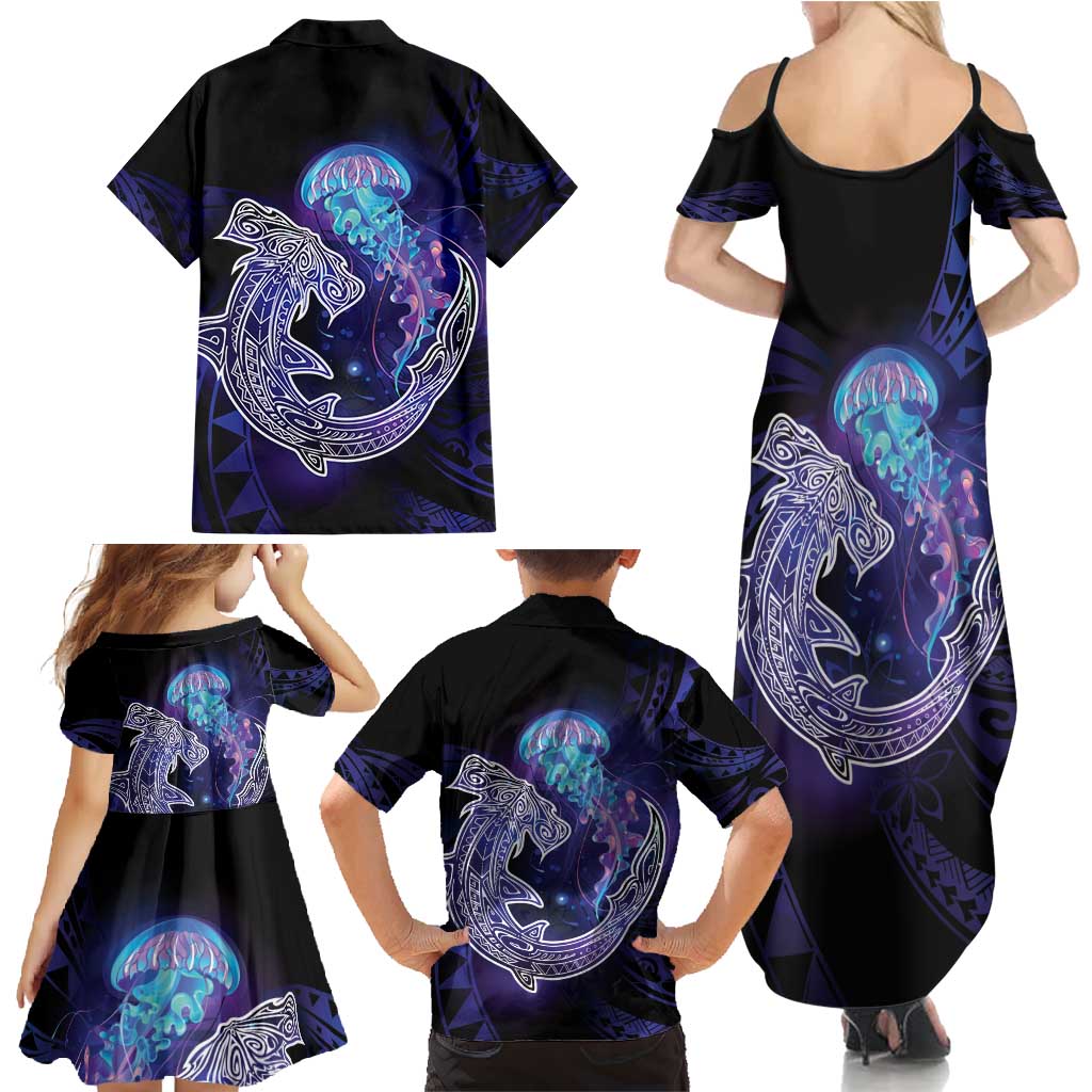Polynesian Aumakua Family Matching Summer Maxi Dress and Hawaiian Shirt Jellyfish with Shark LT7 - Polynesian Pride