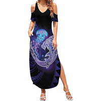 Polynesian Aumakua Family Matching Summer Maxi Dress and Hawaiian Shirt Jellyfish with Shark LT7 Mom's Dress Teal Purple - Polynesian Pride