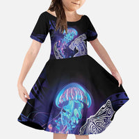 Polynesian Aumakua Family Matching Tank Maxi Dress and Hawaiian Shirt Jellyfish with Shark LT7 Daughter's Dress Teal Purple - Polynesian Pride