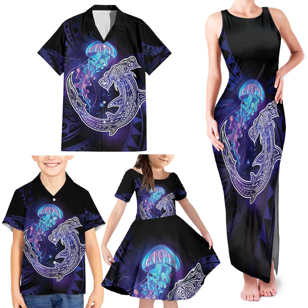 Polynesian Aumakua Family Matching Tank Maxi Dress and Hawaiian Shirt Jellyfish with Shark LT7 - Polynesian Pride