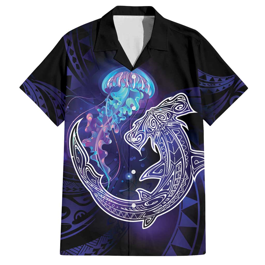 Polynesian Aumakua Family Matching Tank Maxi Dress and Hawaiian Shirt Jellyfish with Shark LT7 Dad's Shirt - Short Sleeve Teal Purple - Polynesian Pride