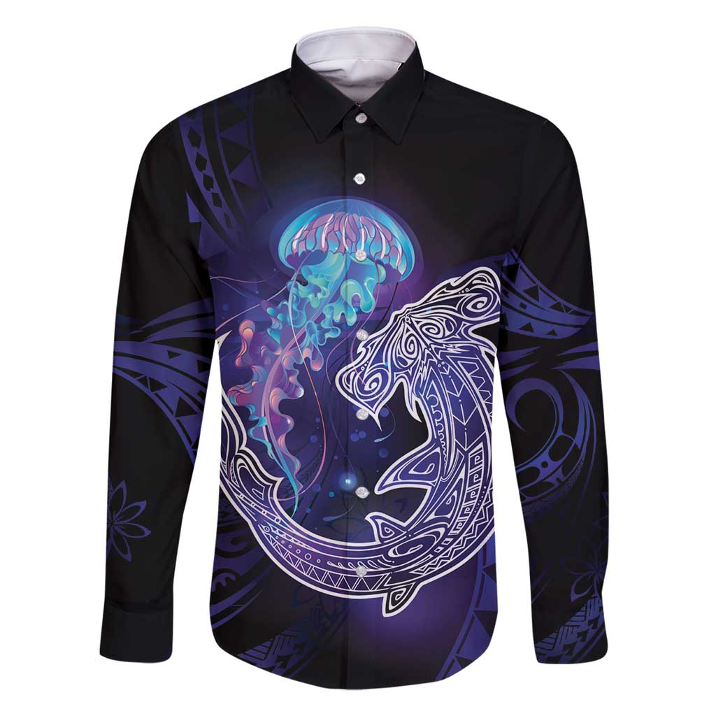 Polynesian Aumakua Family Matching Tank Maxi Dress and Hawaiian Shirt Jellyfish with Shark LT7 Dad's Shirt - Long Sleeve Teal Purple - Polynesian Pride