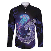 Polynesian Aumakua Family Matching Tank Maxi Dress and Hawaiian Shirt Jellyfish with Shark LT7 Dad's Shirt - Long Sleeve Teal Purple - Polynesian Pride