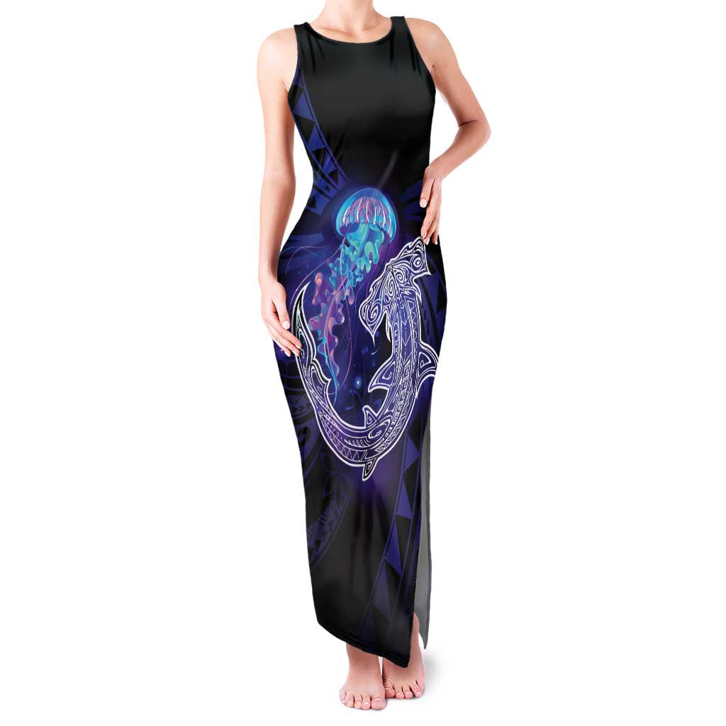 Polynesian Aumakua Family Matching Tank Maxi Dress and Hawaiian Shirt Jellyfish with Shark LT7 Mom's Dress Teal Purple - Polynesian Pride