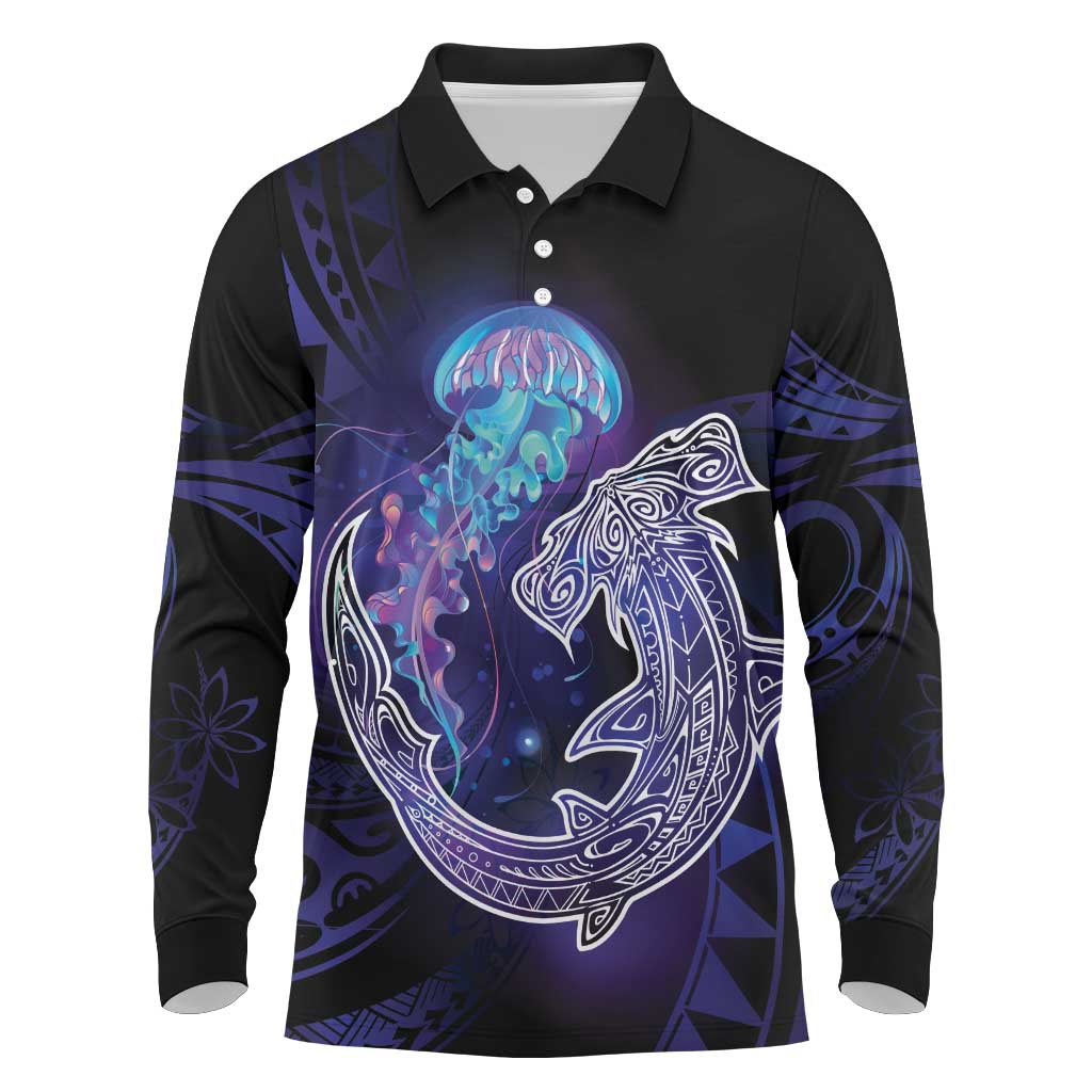 Polynesian Aumakua Long Sleeve Polo Shirt Jellyfish with Shark LT7 Teal Purple - Polynesian Pride