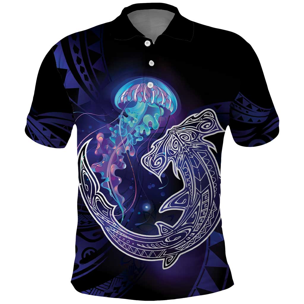 Polynesian Aumakua Polo Shirt Jellyfish with Shark LT7 Teal Purple - Polynesian Pride