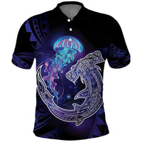 Polynesian Aumakua Polo Shirt Jellyfish with Shark LT7 Teal Purple - Polynesian Pride