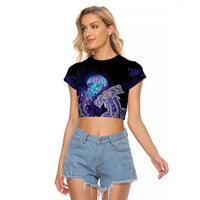 Polynesian Aumakua Raglan Cropped T Shirt Jellyfish with Shark LT7 Female Teal Purple - Polynesian Pride
