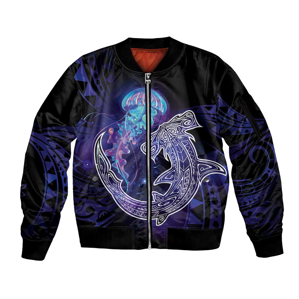 Polynesian Aumakua Sleeve Zip Bomber Jacket Jellyfish with Shark LT7 Unisex Teal Purple - Polynesian Pride