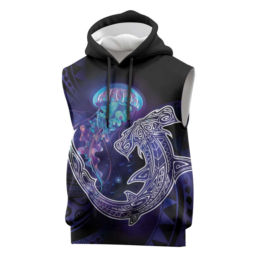 Polynesian Aumakua Sleeveless Hoodie Jellyfish with Shark LT7 Teal Purple - Polynesian Pride