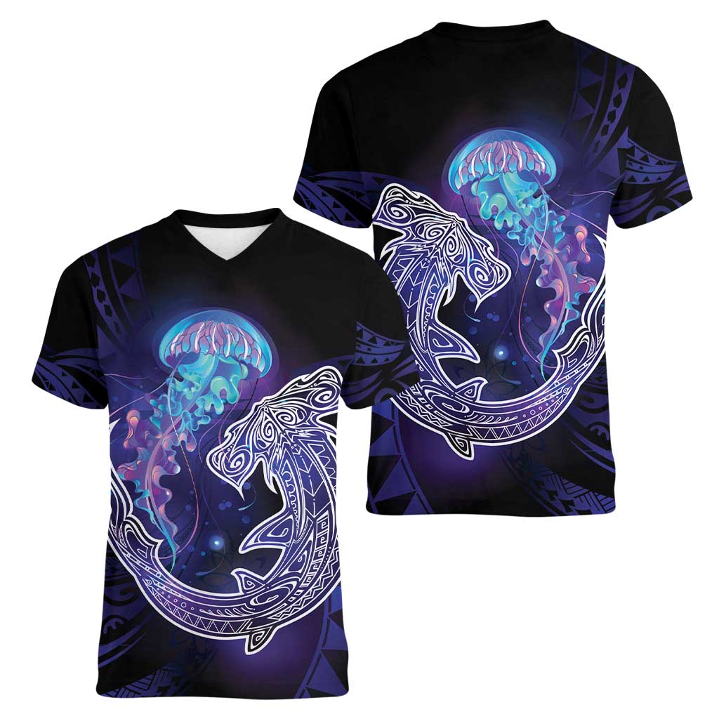 Polynesian Aumakua Women V-Neck T-Shirt Jellyfish with Shark - Polynesian Pride