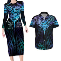 Aotearoa Maori Te Whai Rahi Couples Matching Long Sleeve Bodycon Dress and Hawaiian Shirt Tala - Nowhere You Could Go That I Won't Be With You LT7 Teal Purple - Polynesian Pride