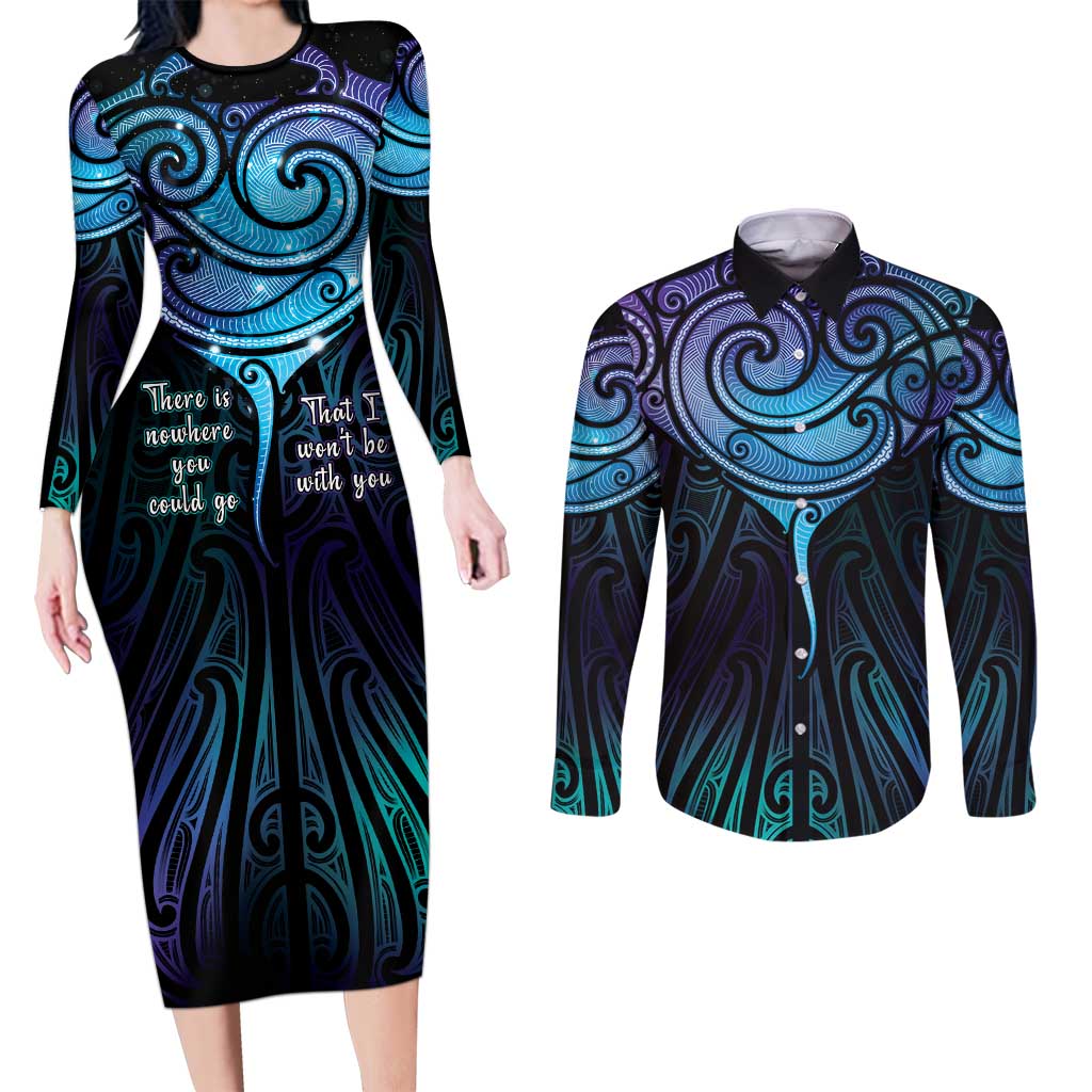 Aotearoa Maori Te Whai Rahi Couples Matching Long Sleeve Bodycon Dress and Long Sleeve Button Shirt Tala - Nowhere You Could Go That I Won't Be With You LT7 Teal Purple - Polynesian Pride