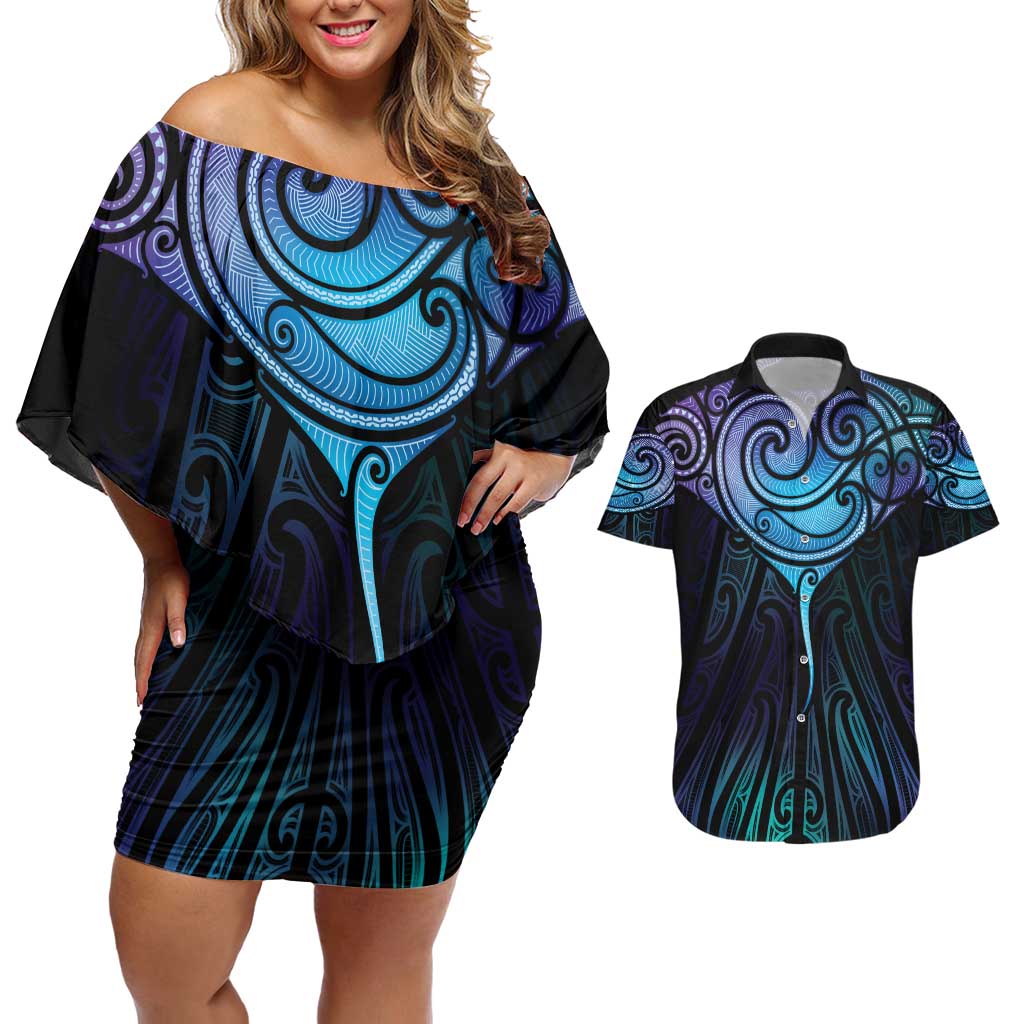 Aotearoa Maori Te Whai Rahi Couples Matching Off Shoulder Short Dress and Hawaiian Shirt Tala - Nowhere You Could Go That I Won't Be With You - Polynesian Pride