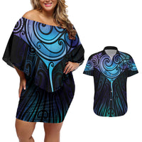 Aotearoa Maori Te Whai Rahi Couples Matching Off Shoulder Short Dress and Hawaiian Shirt Tala - Nowhere You Could Go That I Won't Be With You LT7 Teal Purple - Polynesian Pride