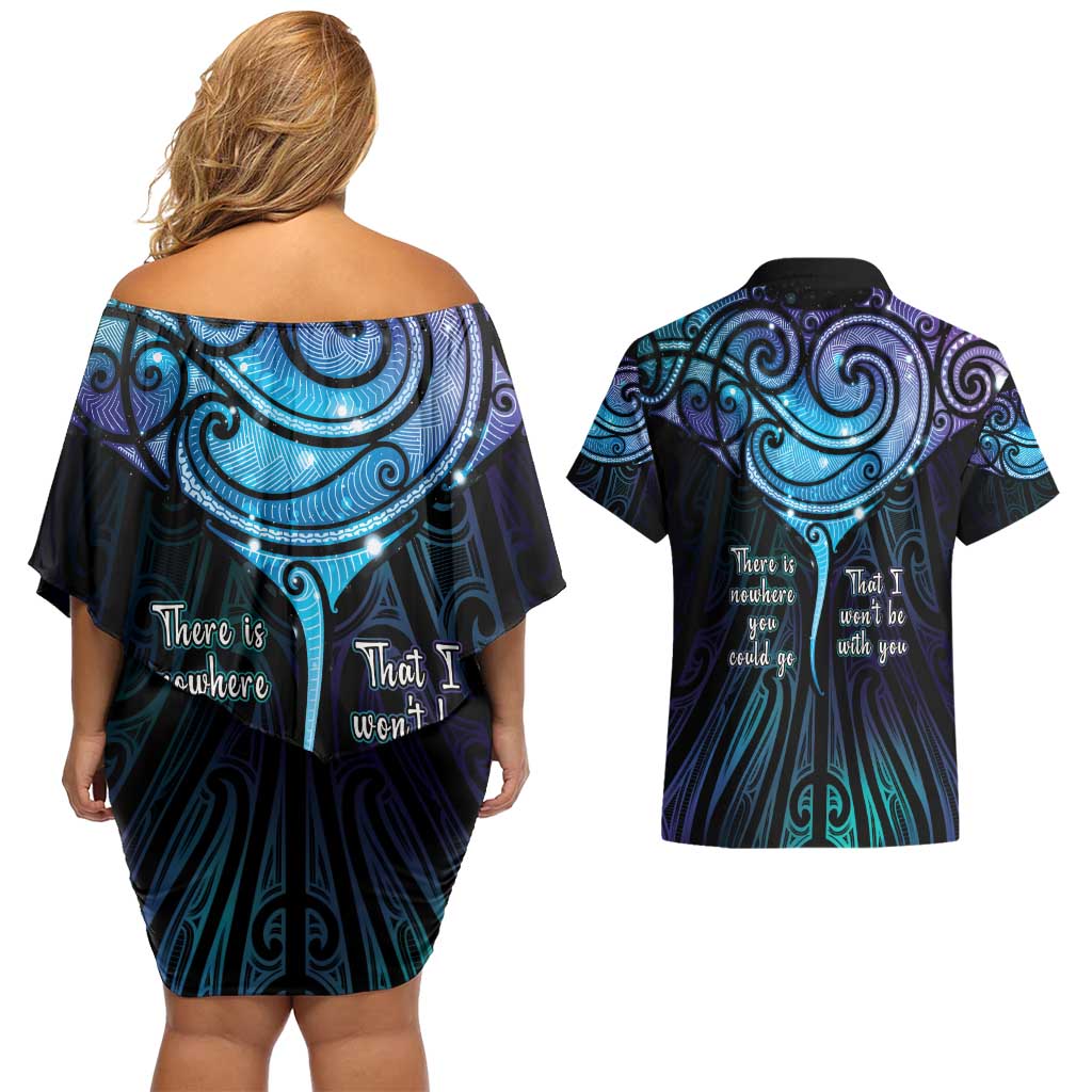 Aotearoa Maori Te Whai Rahi Couples Matching Off Shoulder Short Dress and Hawaiian Shirt Tala - Nowhere You Could Go That I Won't Be With You LT7 - Polynesian Pride