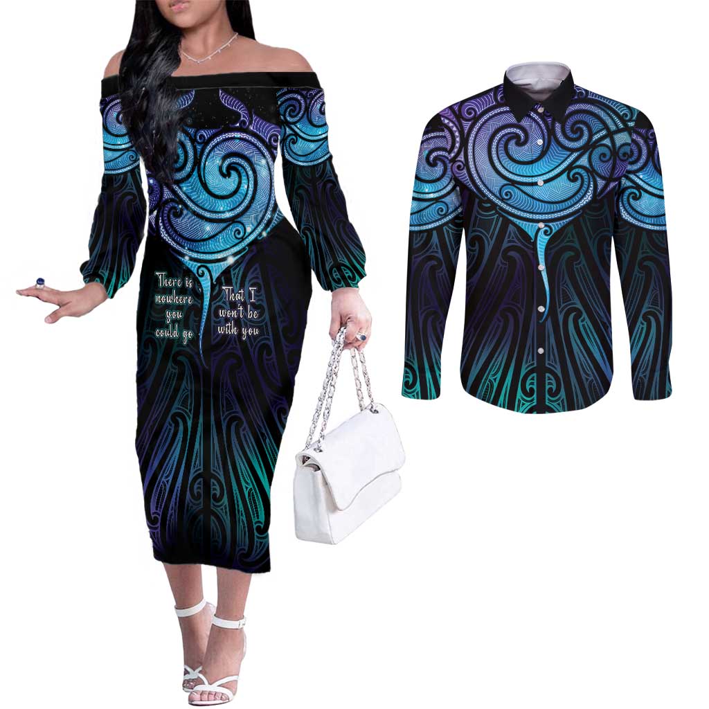 Aotearoa Maori Te Whai Rahi Couples Matching Off The Shoulder Long Sleeve Dress and Long Sleeve Button Shirt Tala - Nowhere You Could Go That I Won't Be With You LT7 Teal Purple - Polynesian Pride