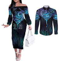 Aotearoa Maori Te Whai Rahi Couples Matching Off The Shoulder Long Sleeve Dress and Long Sleeve Button Shirt Tala - Nowhere You Could Go That I Won't Be With You LT7 Teal Purple - Polynesian Pride