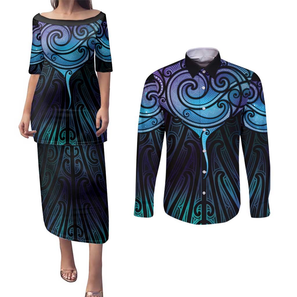 Aotearoa Maori Te Whai Rahi Couples Matching Puletasi and Long Sleeve Button Shirt Tala - Nowhere You Could Go That I Won't Be With You LT7 Teal Purple - Polynesian Pride