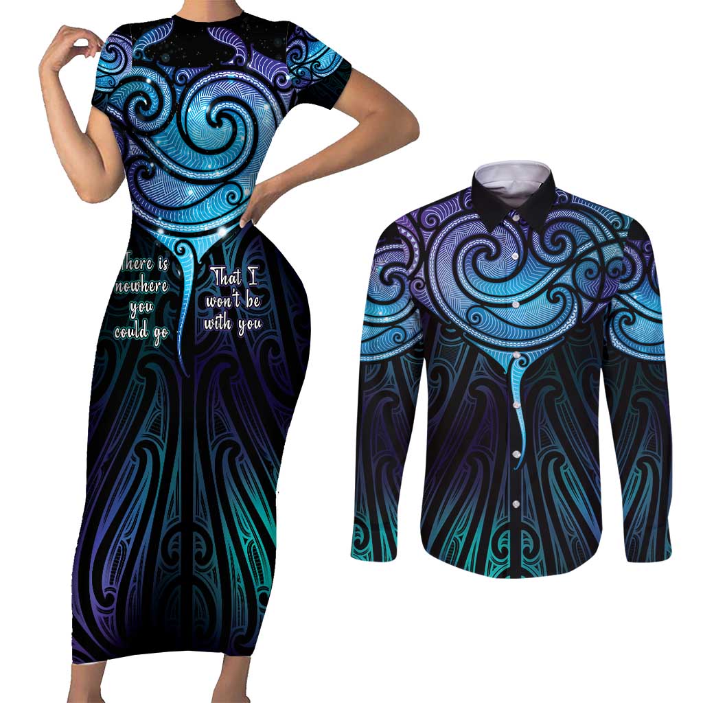 Aotearoa Maori Te Whai Rahi Couples Matching Short Sleeve Bodycon Dress and Long Sleeve Button Shirt Tala - Nowhere You Could Go That I Won't Be With You LT7 Teal Purple - Polynesian Pride