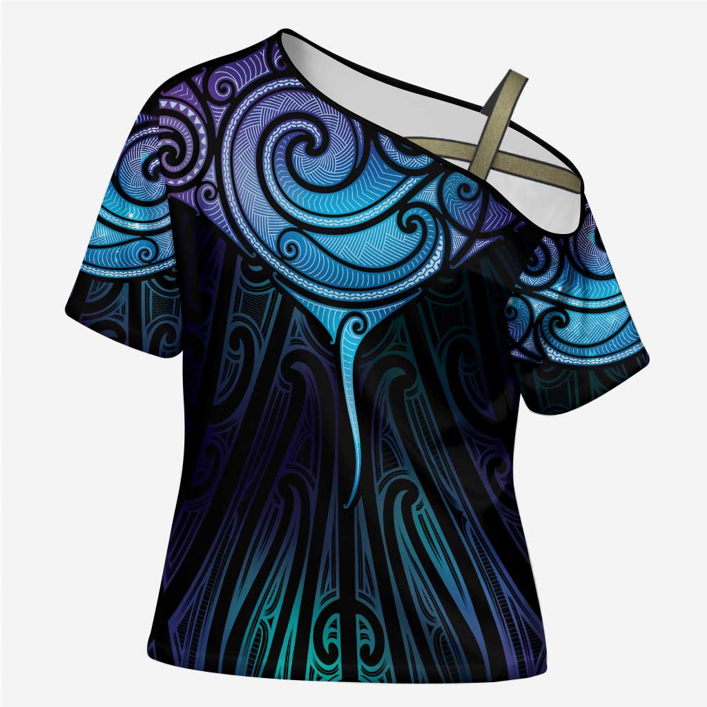 Aotearoa Maori Te Whai Rahi Cross Shoulder Shirt Tala - Nowhere You Could Go That I Won't Be With You LT7 Female Teal Purple - Polynesian Pride