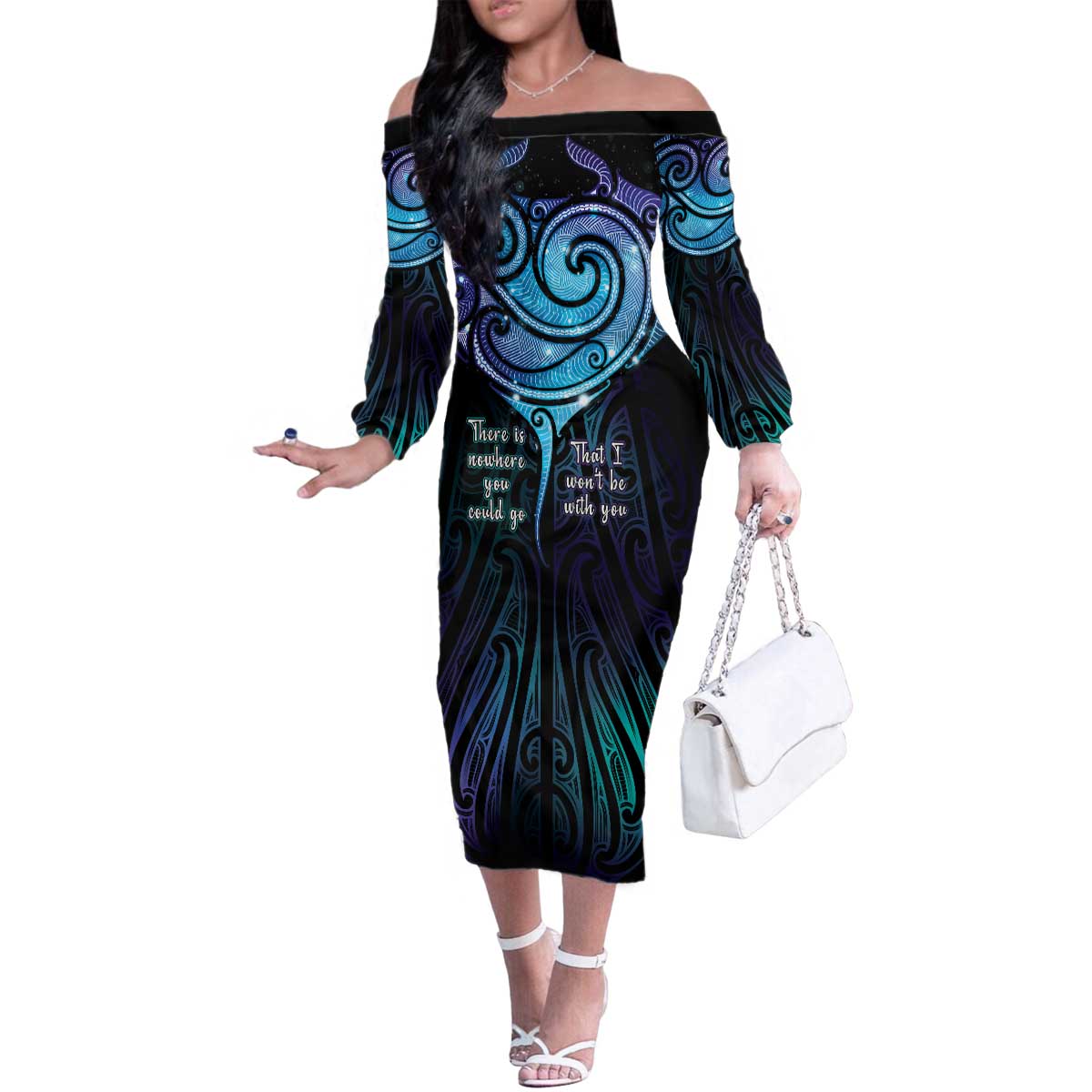 Aotearoa Maori Te Whai Rahi Family Matching Off The Shoulder Long Sleeve Dress and Hawaiian Shirt Tala - Nowhere You Could Go That I Won't Be With You LT7 Mom's Dress Teal Purple - Polynesian Pride