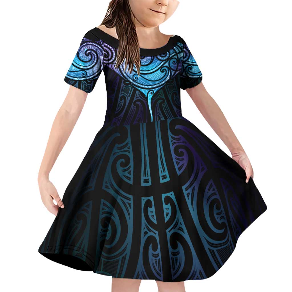 Aotearoa Maori Te Whai Rahi Family Matching Off Shoulder Short Dress and Hawaiian Shirt Tala - Nowhere You Could Go That I Won't Be With You LT7 Daughter's Dress Teal Purple - Polynesian Pride