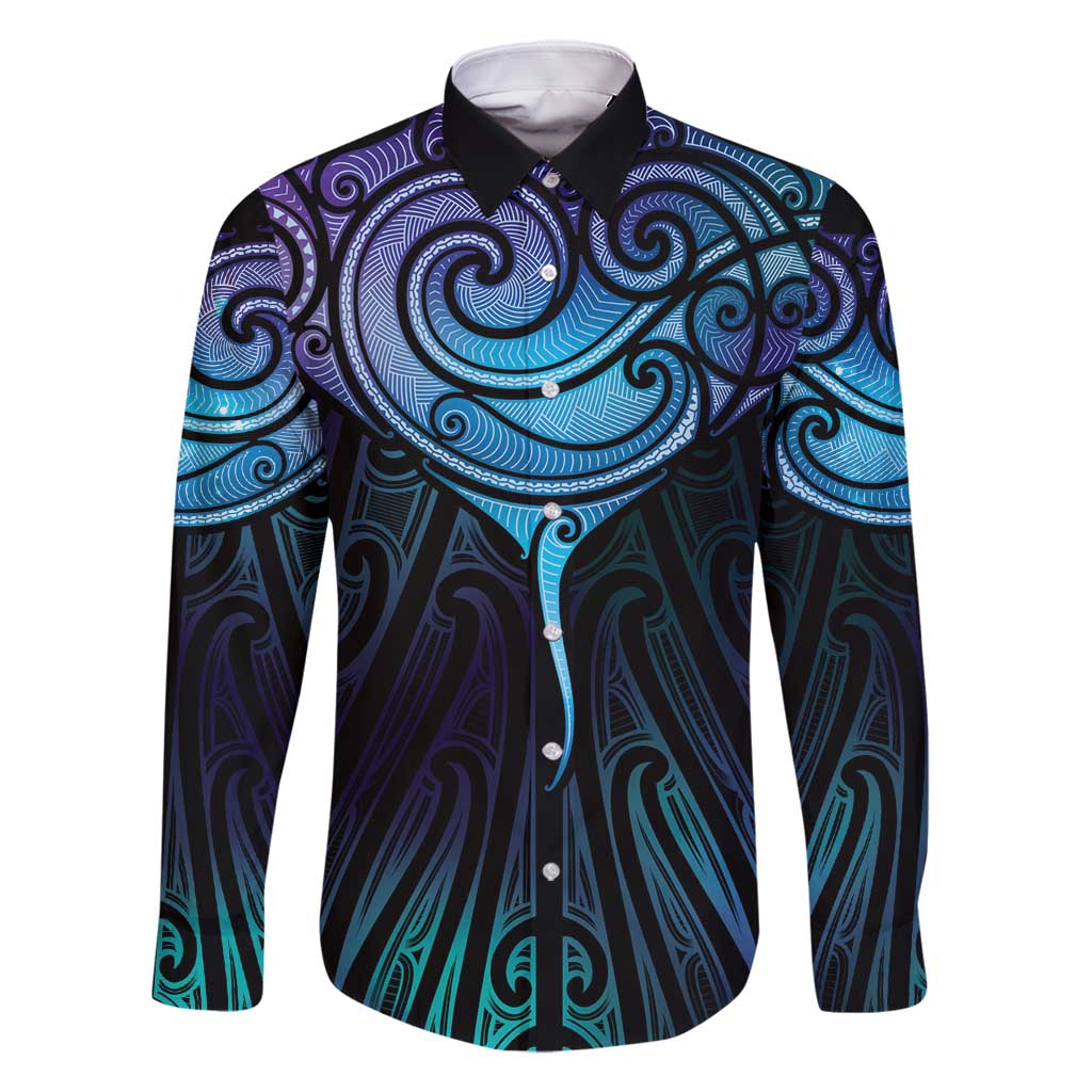 Aotearoa Maori Te Whai Rahi Family Matching Off Shoulder Short Dress and Hawaiian Shirt Tala - Nowhere You Could Go That I Won't Be With You LT7 Dad's Shirt - Long Sleeve Teal Purple - Polynesian Pride