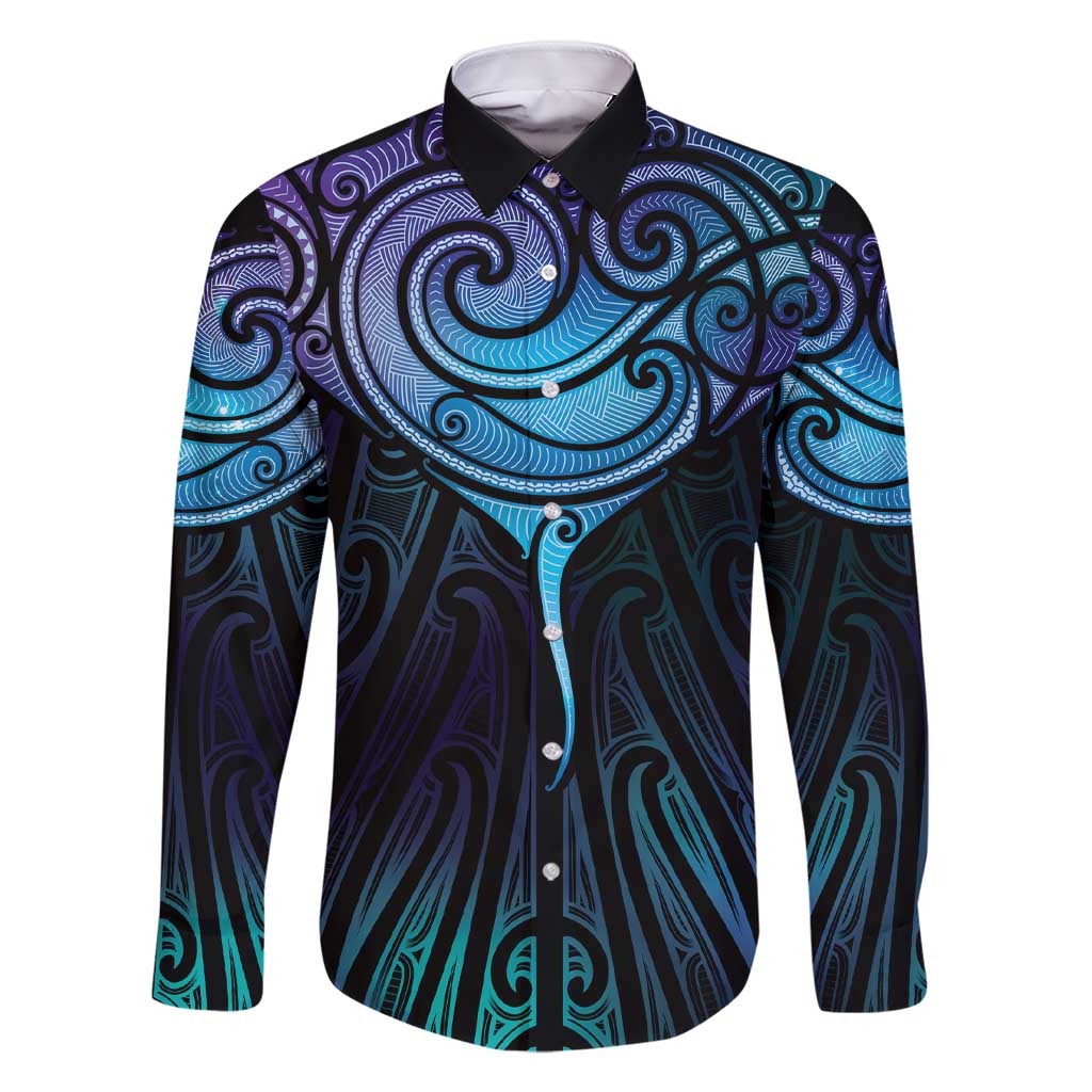 Aotearoa Maori Te Whai Rahi Family Matching Short Sleeve Bodycon Dress and Hawaiian Shirt Tala - Nowhere You Could Go That I Won't Be With You LT7 Dad's Shirt - Long Sleeve Teal Purple - Polynesian Pride
