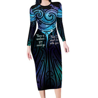 Aotearoa Maori Te Whai Rahi Long Sleeve Bodycon Dress Tala - Nowhere You Could Go That I Won't Be With You LT7 Long Dress Teal Purple - Polynesian Pride