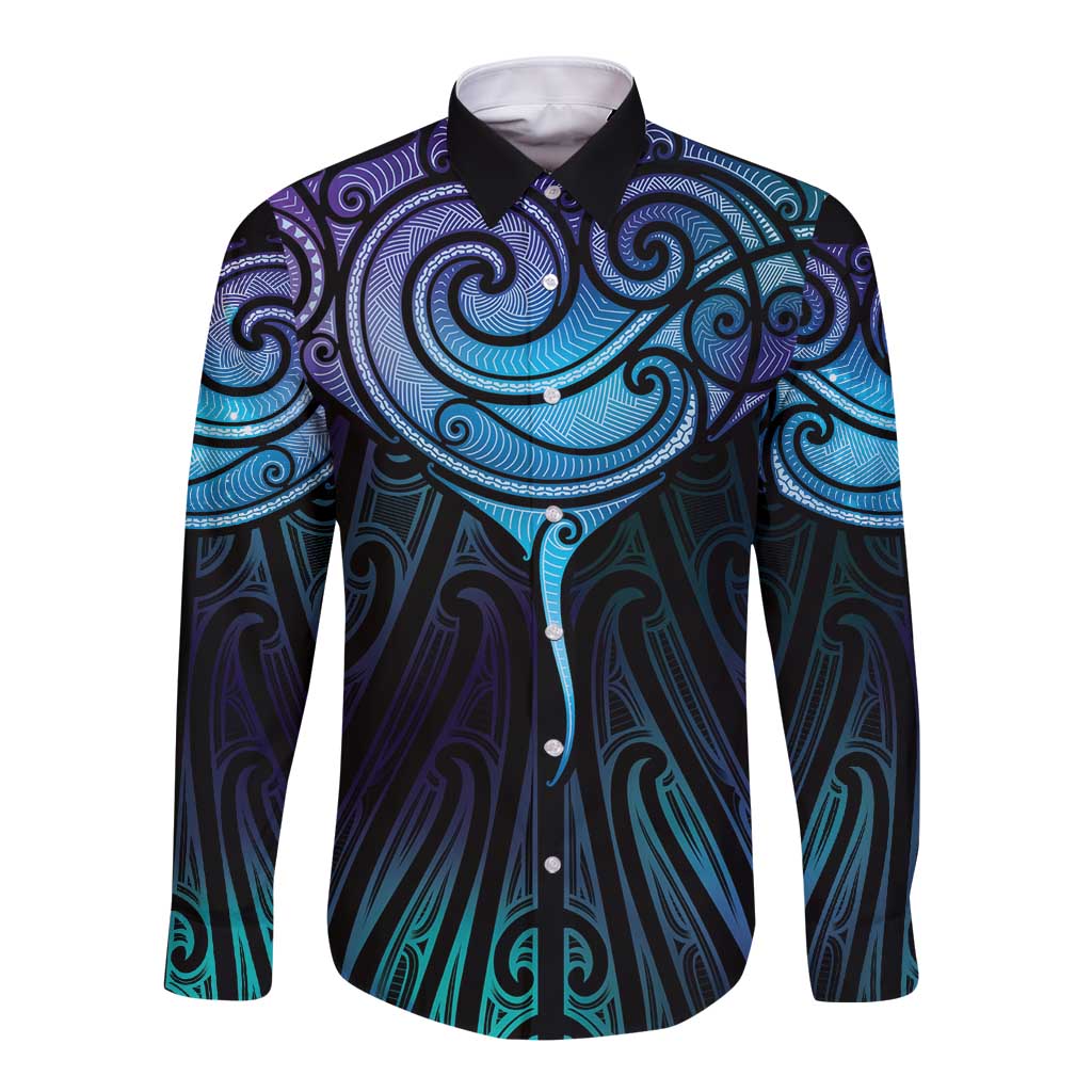 Aotearoa Maori Te Whai Rahi Long Sleeve Button Shirt Tala - Nowhere You Could Go That I Won't Be With You LT7 Unisex Teal Purple - Polynesian Pride