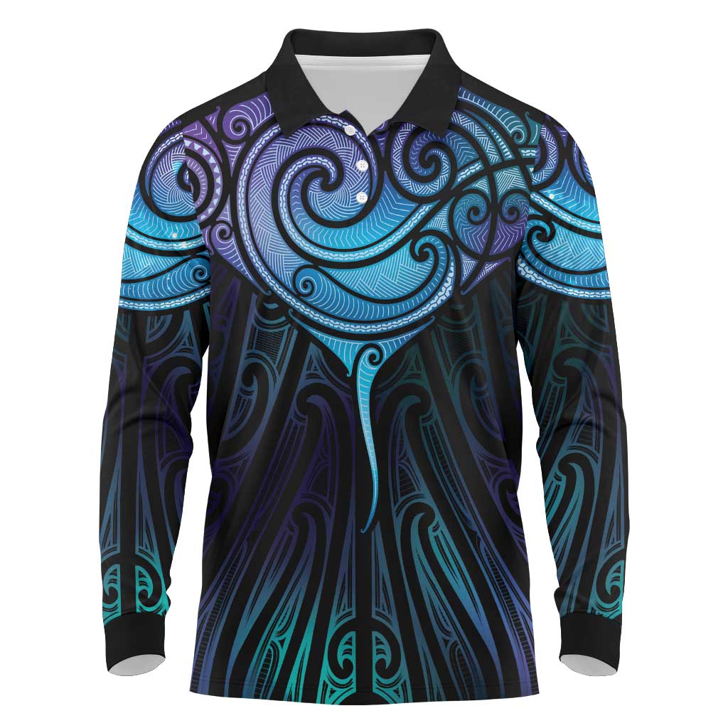 Aotearoa Maori Te Whai Rahi Long Sleeve Polo Shirt Tala - Nowhere You Could Go That I Won't Be With You LT7 Teal Purple - Polynesian Pride